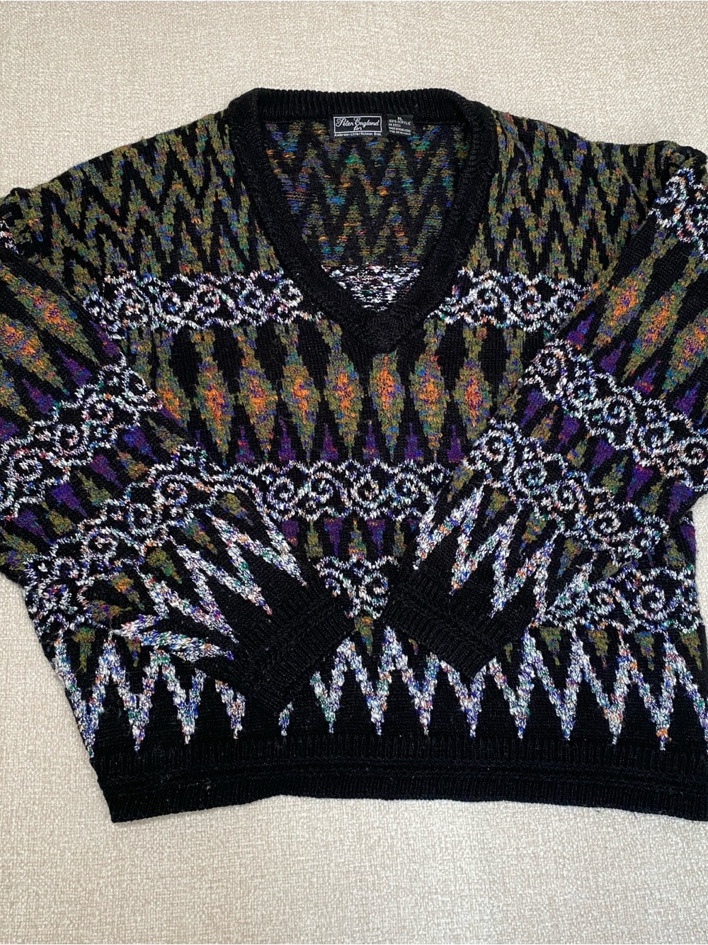 VTG Peter England Sweater Men XL Geometric Grandpa V-Neck 90s Knit Fair Isle